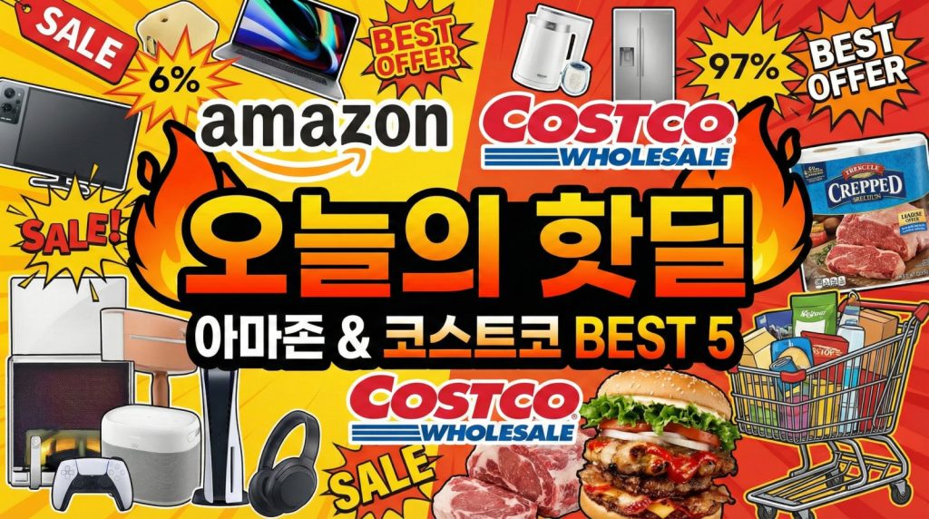 아마존과 코스트코 로고가 배치된 노란색과 빨간색 배경의 오늘의 핫딜 블로그 썸네일. 중앙에 '오늘의 핫딜'이라는 큰 텍스트가 있고 주변에 쇼핑 카트, 전자제품, 세일 태그 아이콘이 있어 할인 정보를 강조함