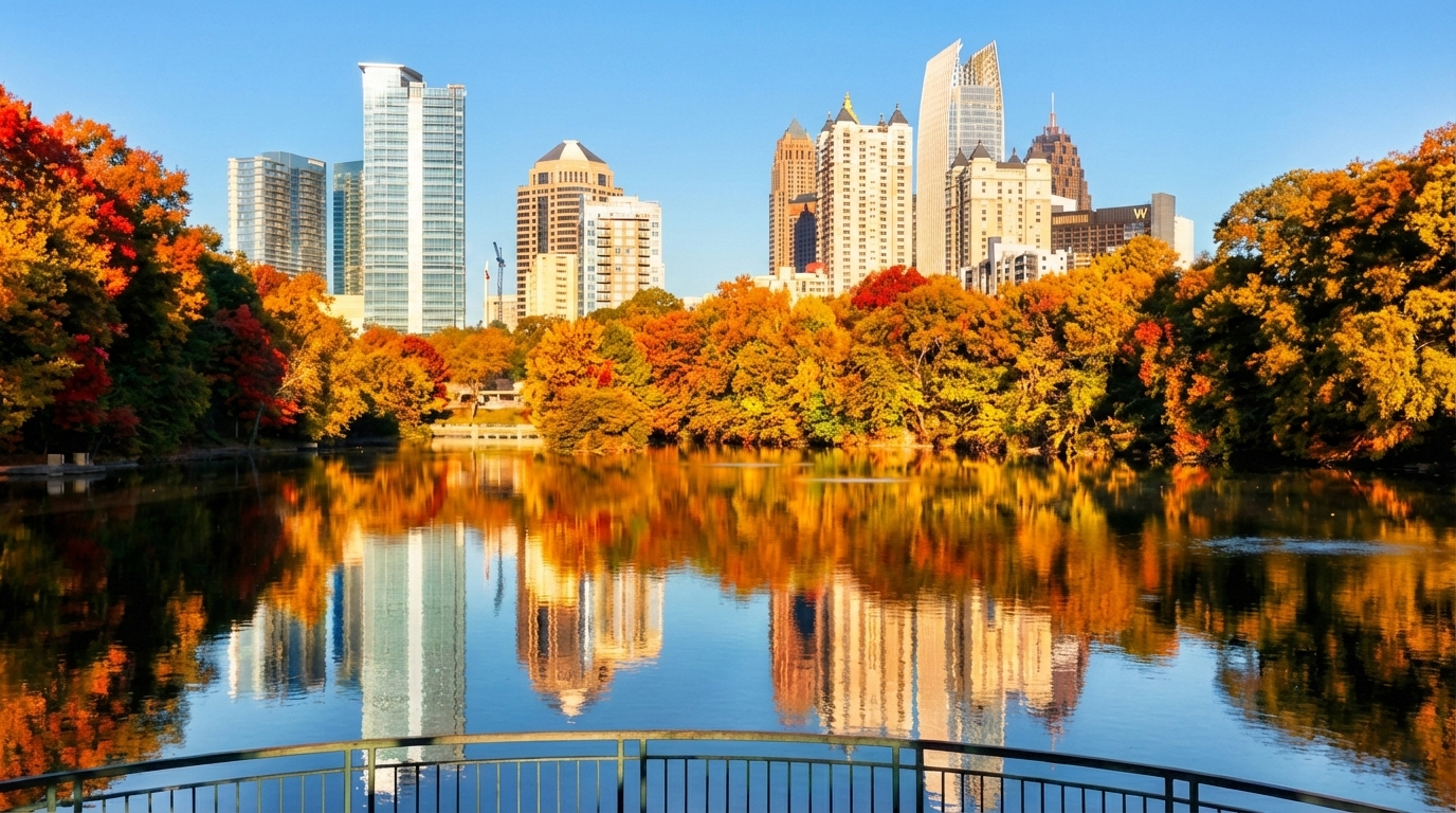 미국 애틀랜타 여행 명소 Best 5 (feat. 찐 주민이 추천해줌) 5 애틀랜타 피드몬트 공원(Piedmont Park)의 가을 풍경을 담은 고해상도 사진 썸네일. 붉은색, 주황색, 노란색으로 화려하게 물든 단풍나무들이 호수를 둘러싸고 있으며, 맑고 파란 하늘 아래 미드타운 애틀랜타의 고층 빌딩 스카이라인이 호수 표면에 완벽하게 반사되고 있다. 사진 하단 중앙에는 공원의 금속 난간이 보인다.