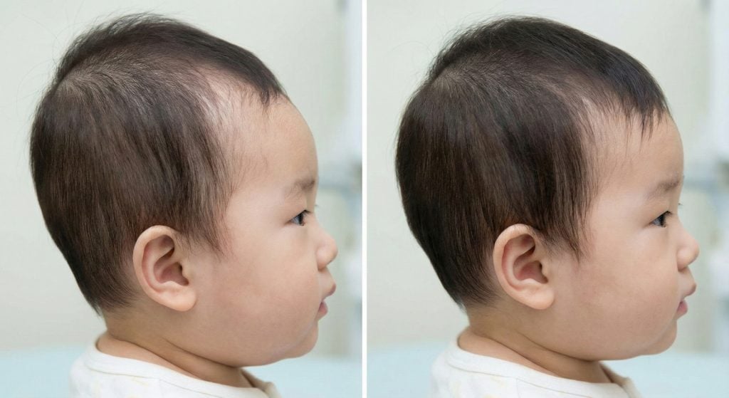 한국 아기의 두상 교정 전과 후의 옆모습을 비교한 사진입니다. 왼쪽은 교정 전 납작했던 뒷머리 모양을, 오른쪽은 교정 후 둥글게 개선된 뒷머리 모양을 보여줍니다.