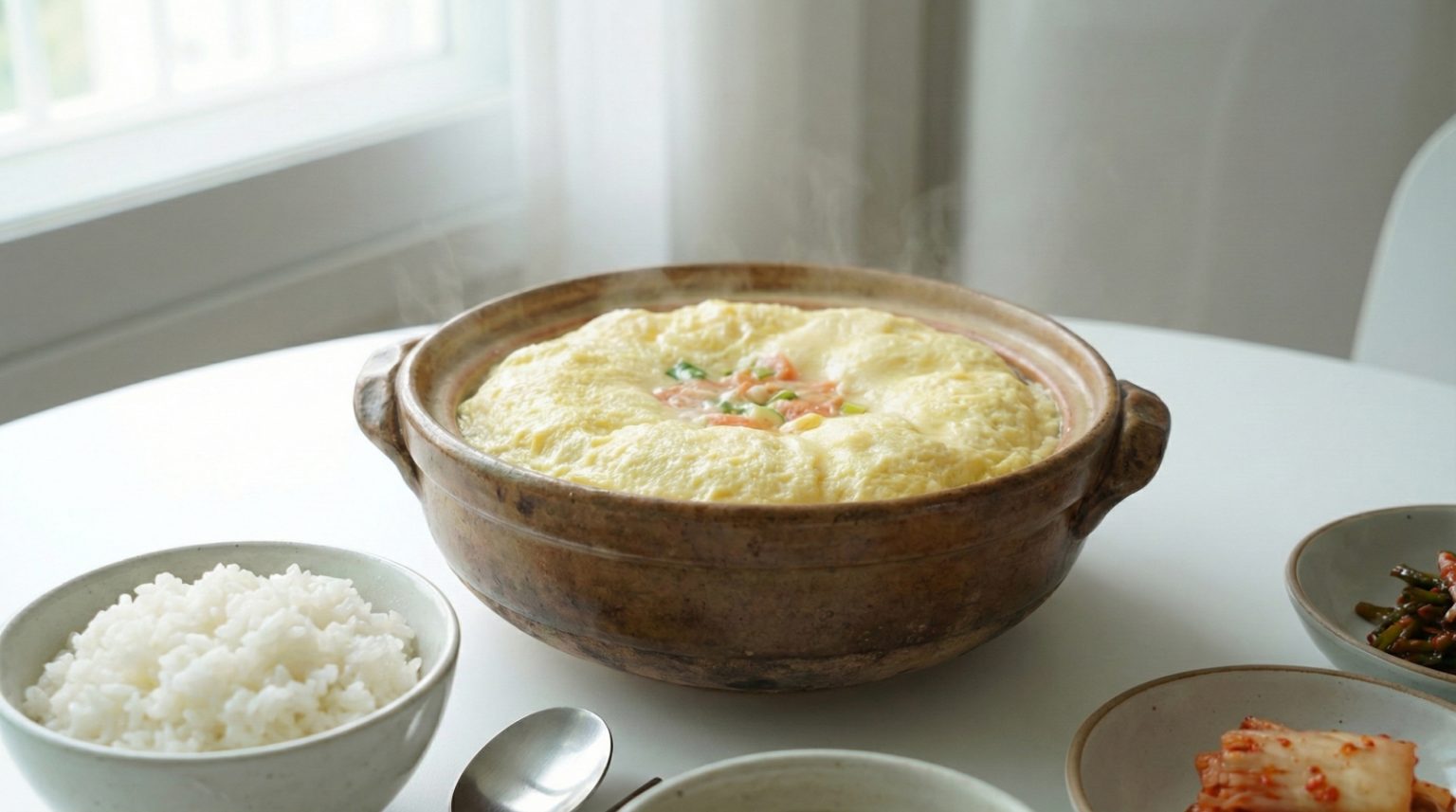 계란 반숙 영어로 뭐라고 할까? 계란 종류별 영어 표현 총정리 4 하얀 테이블 위 뚝배기에 담겨 김이 모락모락 나는 폭탄 계란찜 사진. 포실포실하게 부풀어 오른 노란 계란찜이 중앙에 배치되어 있으며, 옆에는 흰 쌀밥과 김치 등 정갈한 한국식 밑반찬이 놓여 있는 현실감 있는 이미지.