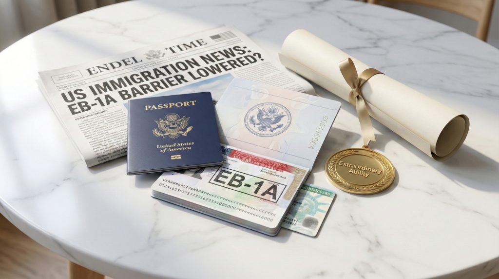 EB-1A 비자가 명시된 미국 여권 페이지, 'Extraordinary Ability'가 새겨진 금메달, 상장, 그리고 '미국 이민 뉴스: EB-1A 장벽 낮아지나?'라는 제목의 신문이 대리석 테이블 위에 놓여있는 사진입니다. 이 이미지는 특기자 영주권 취득과 관련된 최근 소식과 성공을 상징적으로 보여줍니다.